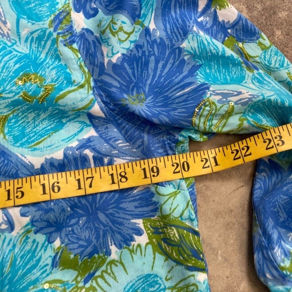 Talbots Shirt Women Medium Petite Blue Button 1/2 Floral Sequin Shine Lightweigt - Picture 3 of 9